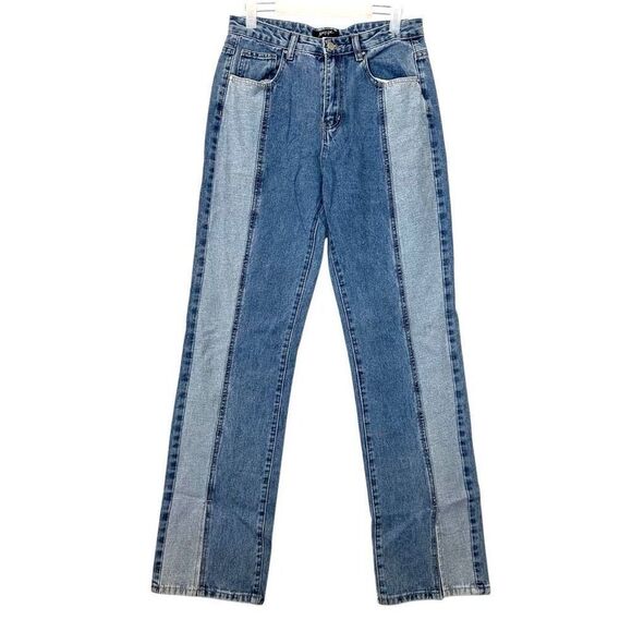 Nasty Gal Colorblock Two-Tone Split Hem High Rise Blue Denim Jeans Size 40 - Picture 1 of 5